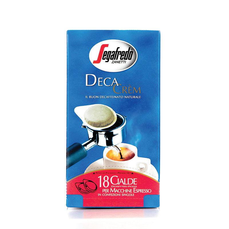 A package of Segafredo Zanetti Deca Crem decaffeinated espresso coffee pods, labeled "Espresso Casa Deca Crèm," featuring 18 pods for espresso machines.