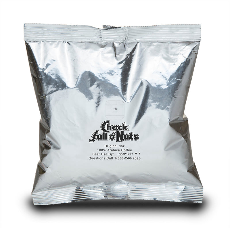 A sealed silver foil packet labeled "Chock full o’Nuts® Original Medium Roast." Expiry date: 08/27/17. Contact number: 1-888-246-2598.