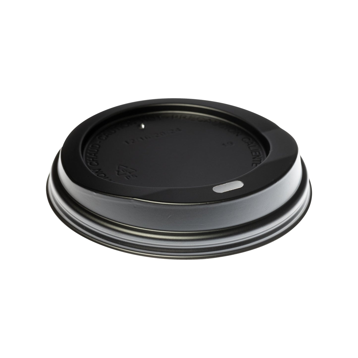A Segafredo Zanetti Beverage Lid, featuring a small white vent hole, rests upside down against a stark white background.