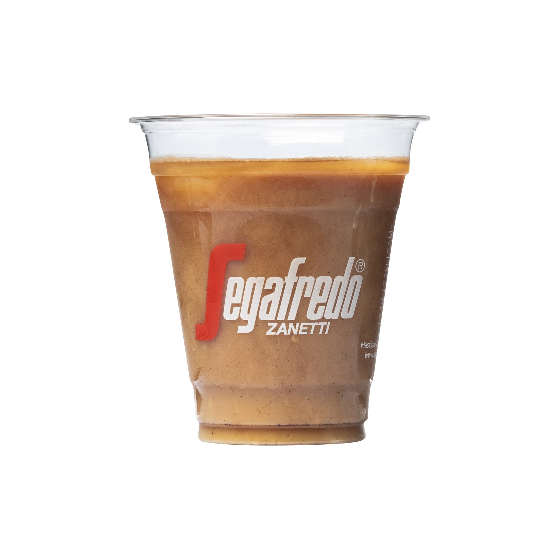 A clear Segafredo Branded Cold Beverage Clear Cup filled with a coffee beverage, featuring the "Segafredo Zanetti" logo in red lettering on the front. Ideal for those who appreciate Segafredo Zanetti's branded cups and want to enjoy their drink in style.