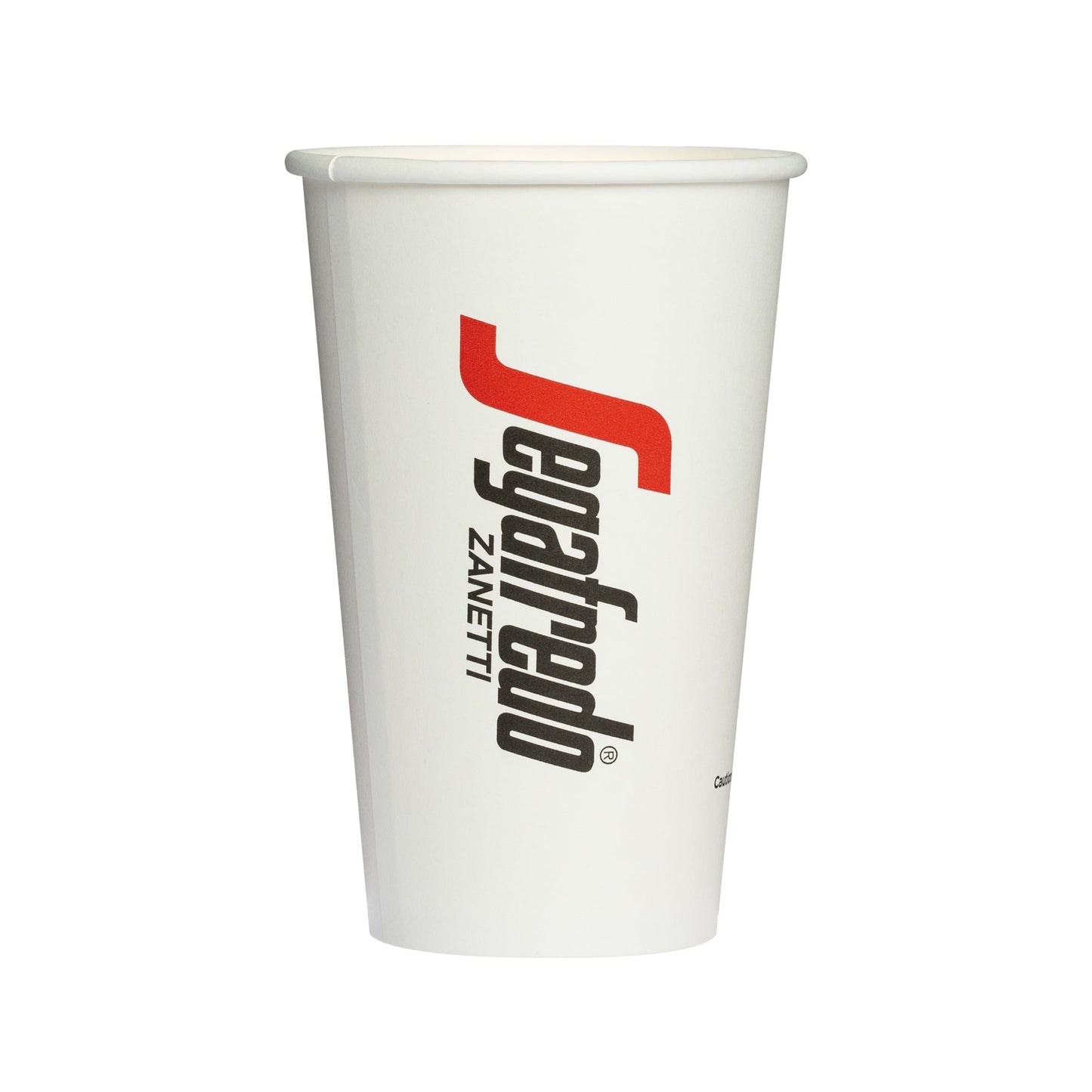 White disposable Segafredo Zanetti paper cup with the red and black logo printed on the side, isolated on a white background.