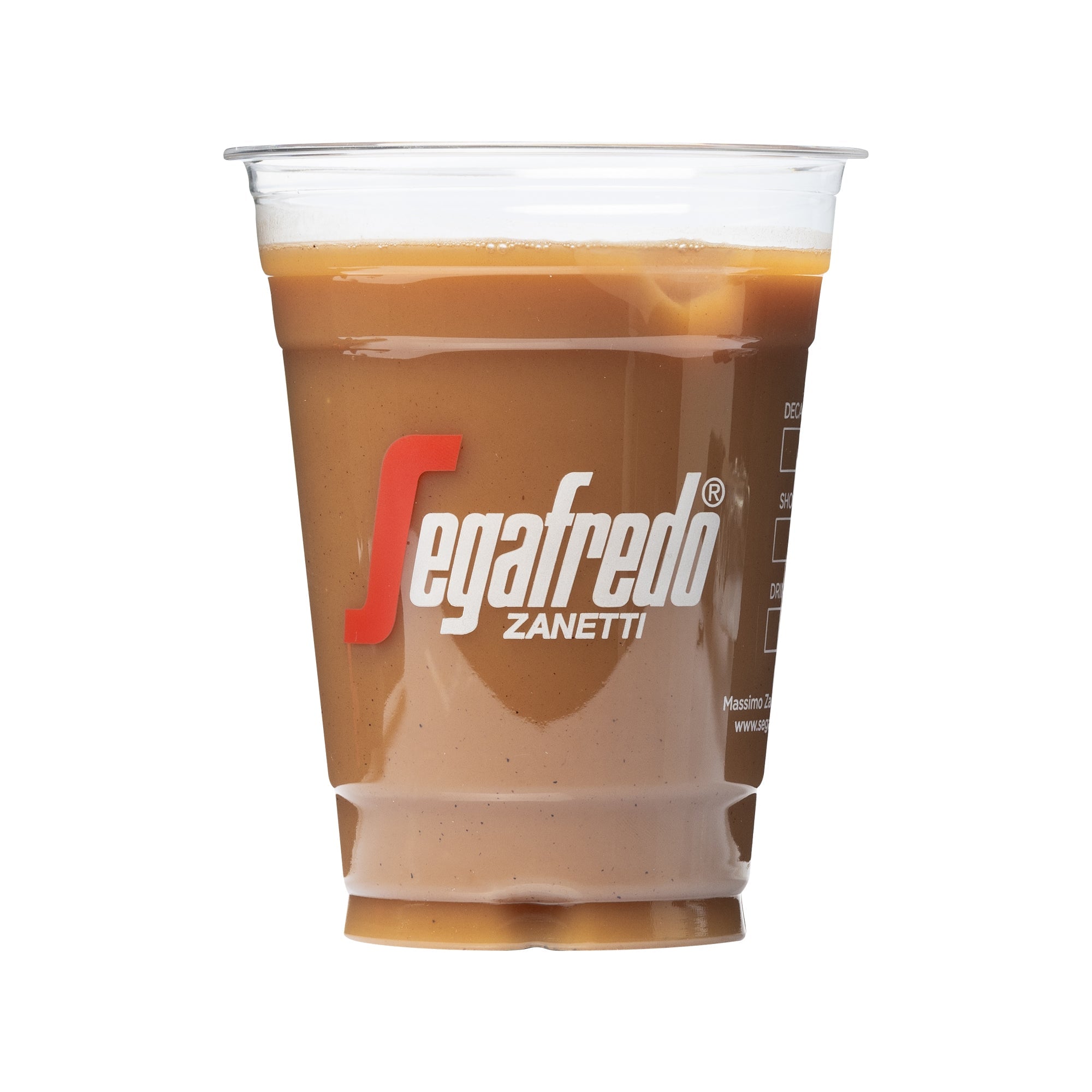 A Segafredo Branded Cold Beverage Clear Cup filled with light brown coffee and adorned with the Segafredo Zanetti logo, reminiscent of the elegant Clear Cold Beverage Cups used for iced drinks.