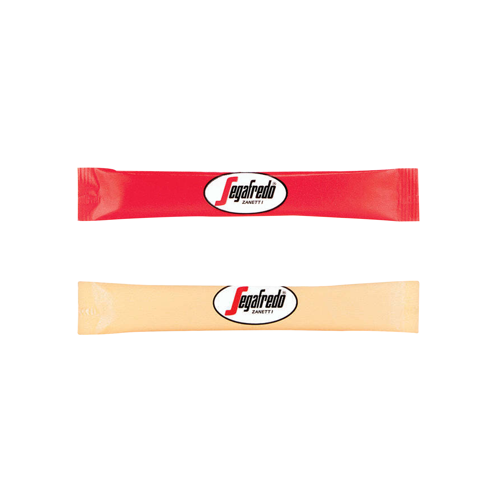 Two rectangular packets, one red and one beige, both with the Segafredo Zanetti logo, likely containing Segafredo Branded Sugar Stix. The case includes 2000 units of both raw and refined white varieties.