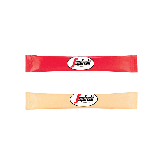 Two rectangular packets, one red and one beige, both with the Segafredo Zanetti logo, likely containing Segafredo Branded Sugar Stix. The case includes 2000 units of both raw and refined white varieties.
