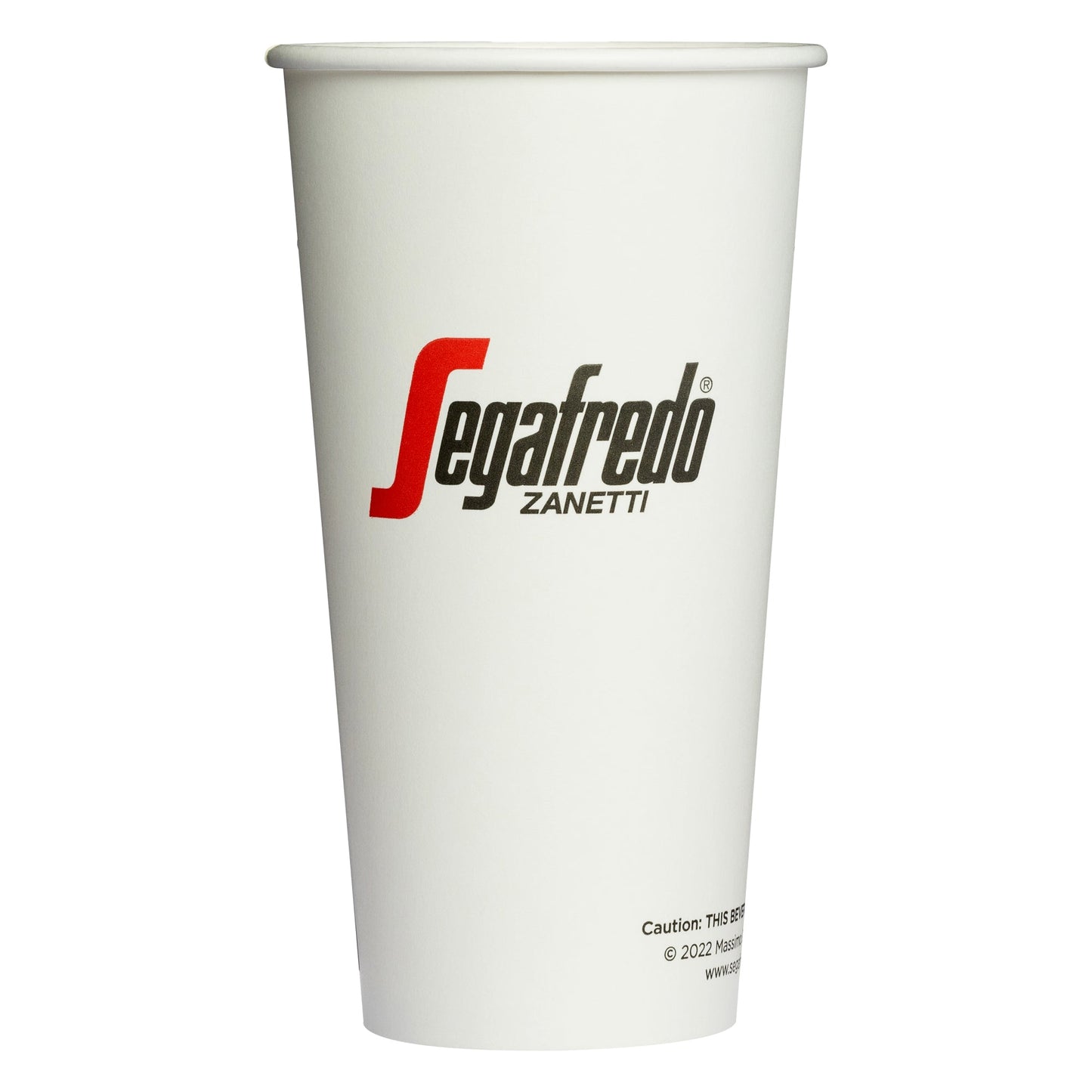 A white takeaway coffee cup with the red and black "Segafredo Zanetti" logo printed on it.