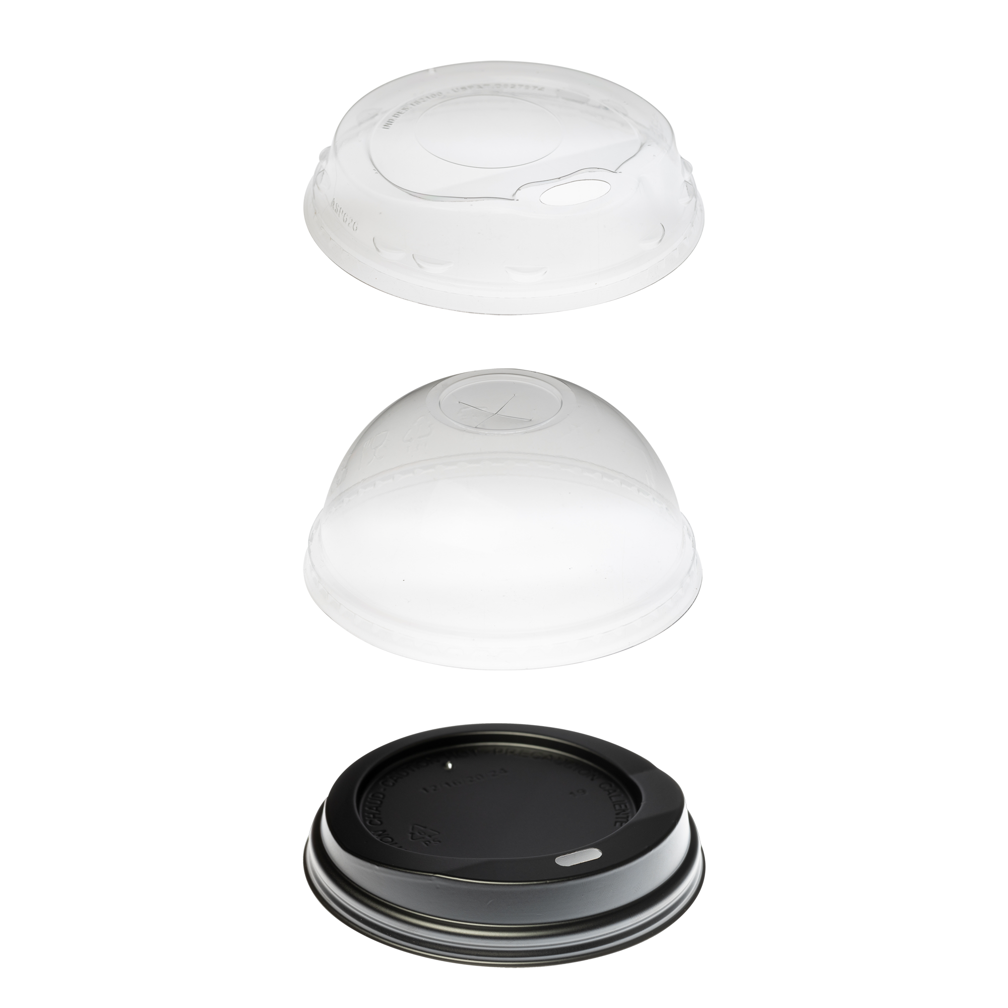 Three clear, plastic lids in a vertical arrangement. The first lid is small and rounded, the second is a clear dome lid, and the third is a larger, flat, dark-colored lid. These are Beverage Lids by Segafredo Zanetti.