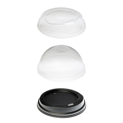Three clear, plastic lids in a vertical arrangement. The first lid is small and rounded, the second is a clear dome lid, and the third is a larger, flat, dark-colored lid. These are Beverage Lids by Segafredo Zanetti.