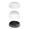 Three clear, plastic lids in a vertical arrangement. The first lid is small and rounded, the second is a clear dome lid, and the third is a larger, flat, dark-colored lid. These are Beverage Lids by Segafredo Zanetti.