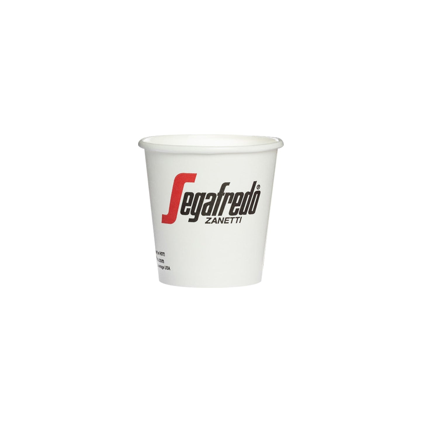 A Segafredo Zanetti branded paper coffee cup with the "segafredo zanetti" logo printed in red and black on the side, ideal for hot beverages, isolated on a white background.