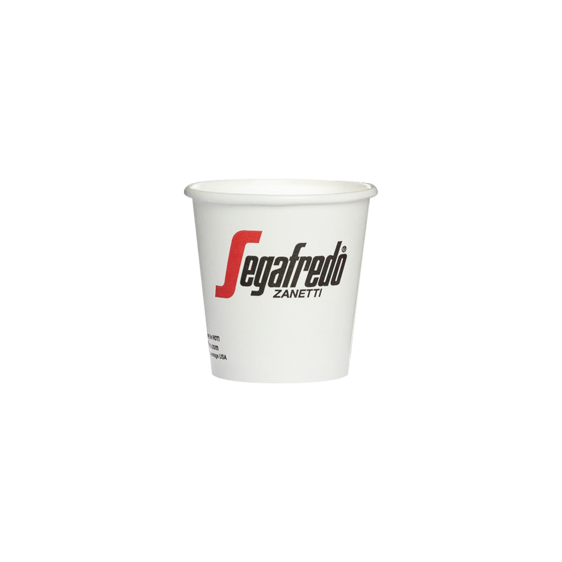 A Segafredo Zanetti branded paper coffee cup with the "segafredo zanetti" logo printed in red and black on the side, ideal for hot beverages, isolated on a white background.