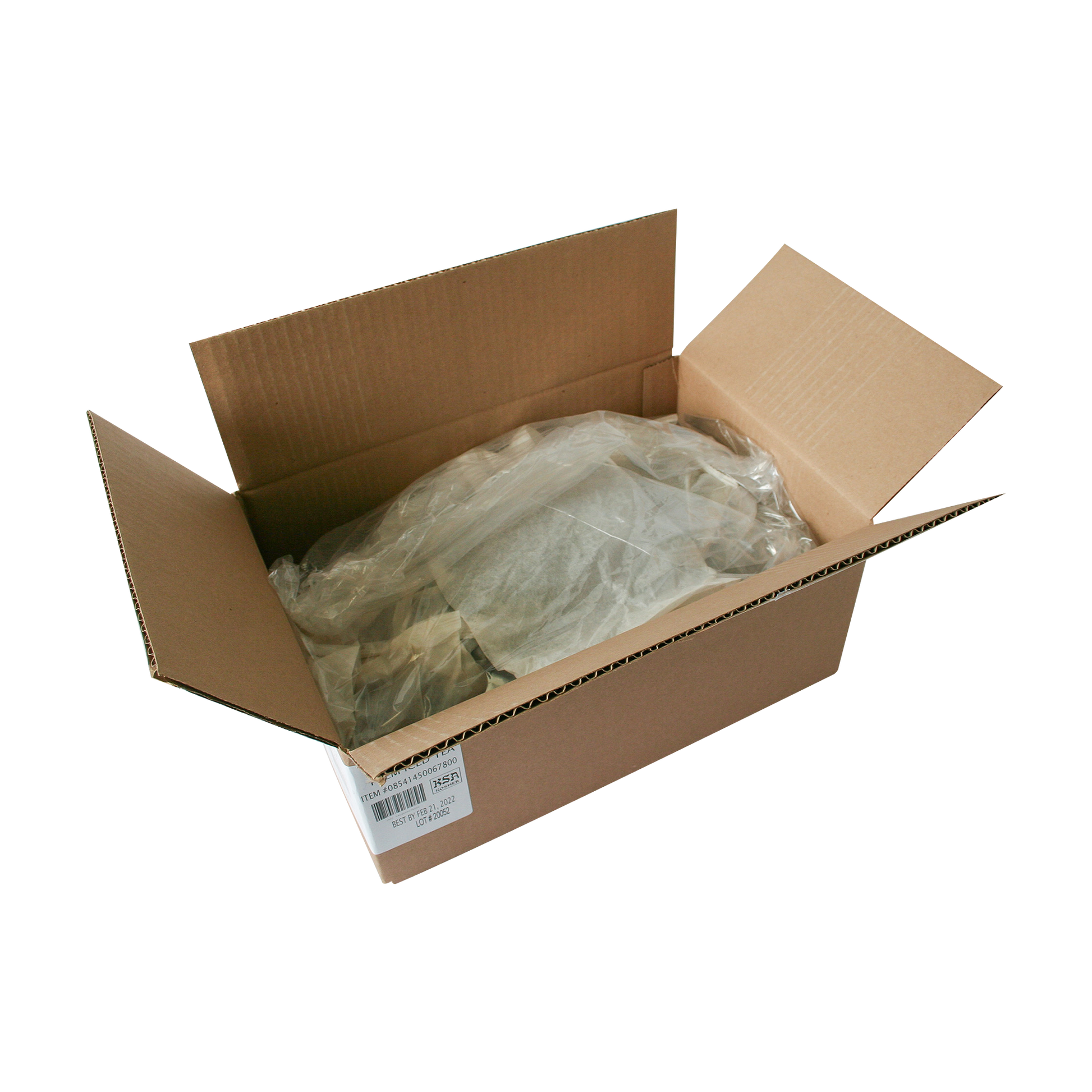 A brown cardboard box is open, showing packing material inside. Among the contents, you can see a bundle labeled as containing 32 sachets of Segafredo Zanetti Premium Iced Tea. A label with barcodes and text is visible on the outside of the box.