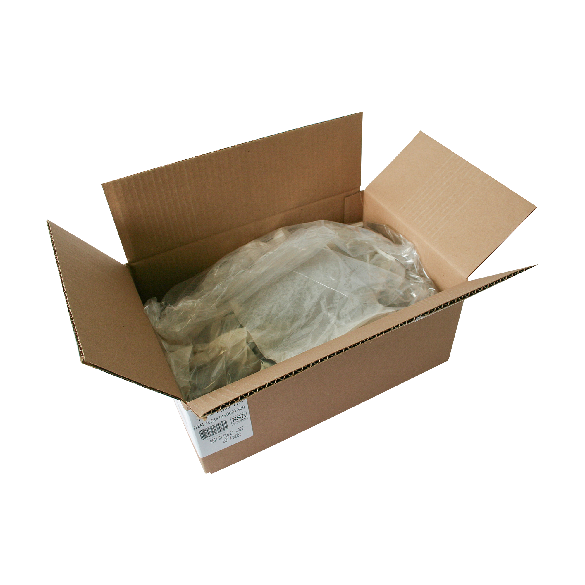 A brown cardboard box is open, showing packing material inside. Among the contents, you can see a bundle labeled as containing 32 sachets of Segafredo Zanetti Premium Iced Tea. A label with barcodes and text is visible on the outside of the box.