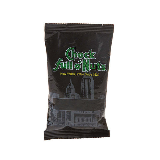 A sealed packet of Chock full o'Nuts UWS European Dark Roast DECAF coffee, featuring a black design with New York City skyline graphics and the slogan "New York's Coffee Since 1932.