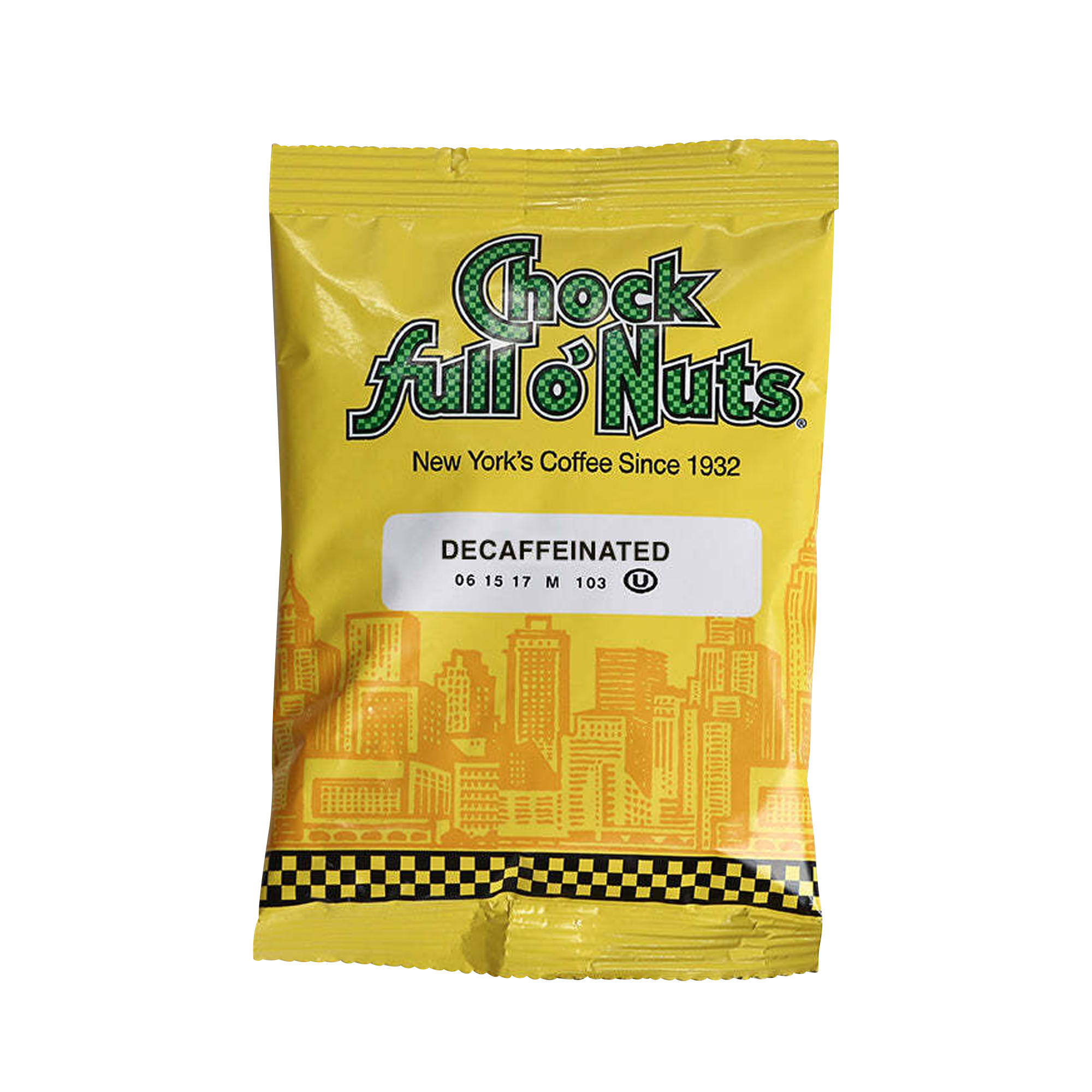 A yellow packet of Chock full o'Nuts Original Decaf with text stating "New York's Coffee Since 1932." The packet features an illustrated city skyline and a checkered border at the bottom.