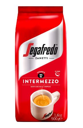 A red 500g package of Segafredo Zanetti Segafredo Intermezzo coffee with an intensity rating of 12. The robust coffee blend features a cup of coffee image at the bottom, promising an intense aroma to awaken your senses.