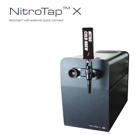 Black NITRO ON TAP X BY SZ machine by Segafredo Zanetti for dispensing nitro cold brew coffee, featuring an external quick connect and a tap handle labeled "Nitro Cold Brew," utilizing nitrogen sourcing for that perfect pour.