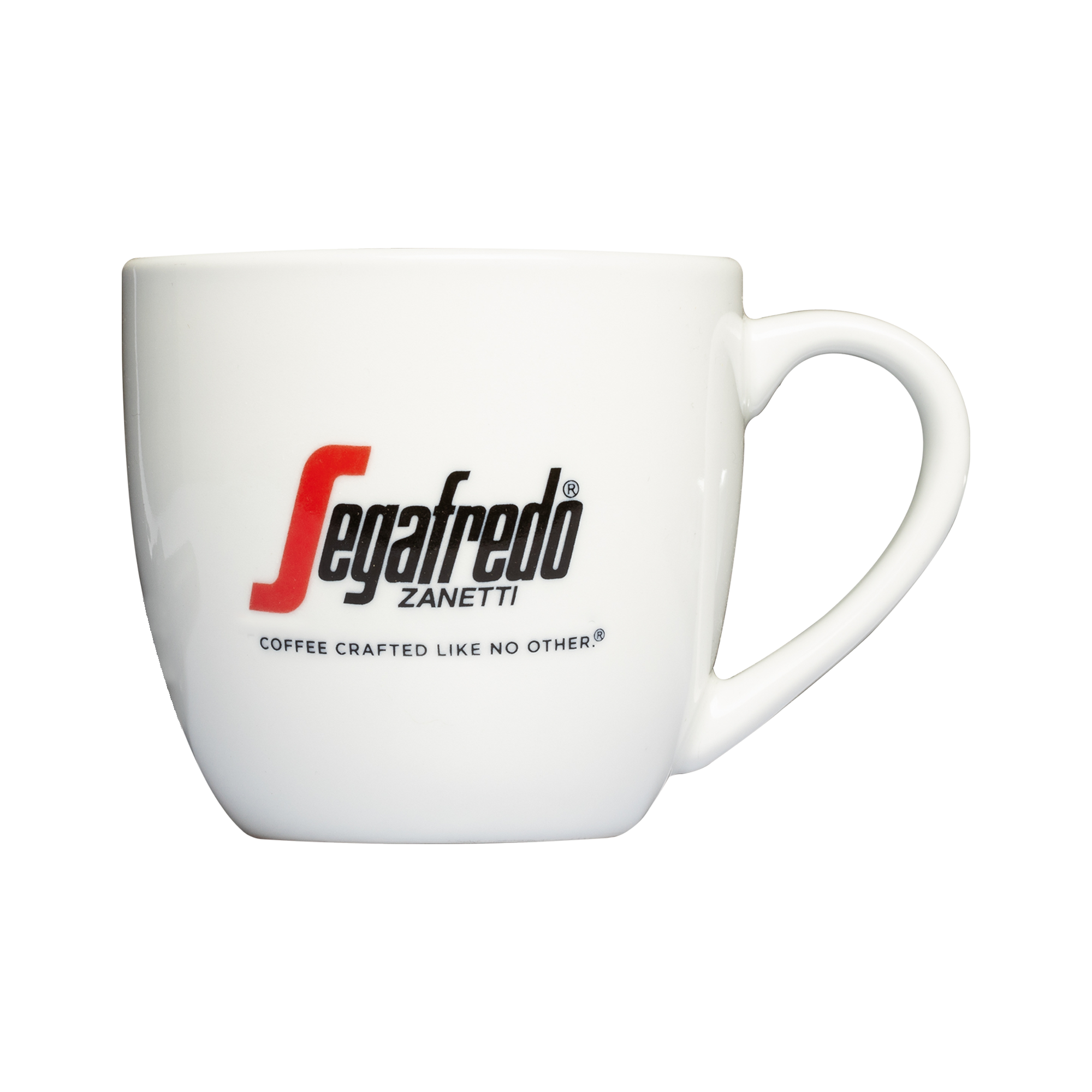 White Segafredo Zanetti ceramic cup with logo on the side, viewed from a slight angle, isolated on a transparent background.